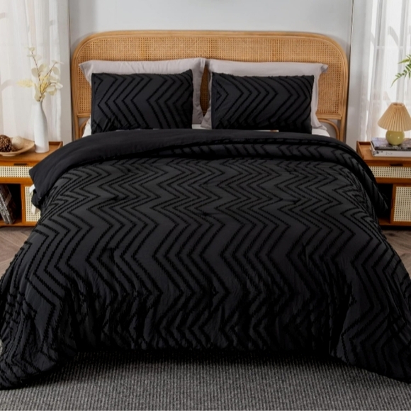 Black Chevron Tufted Zigzag Texture Queen Size Bed Comforter Shams Bedding Set - Picture 2 of 15